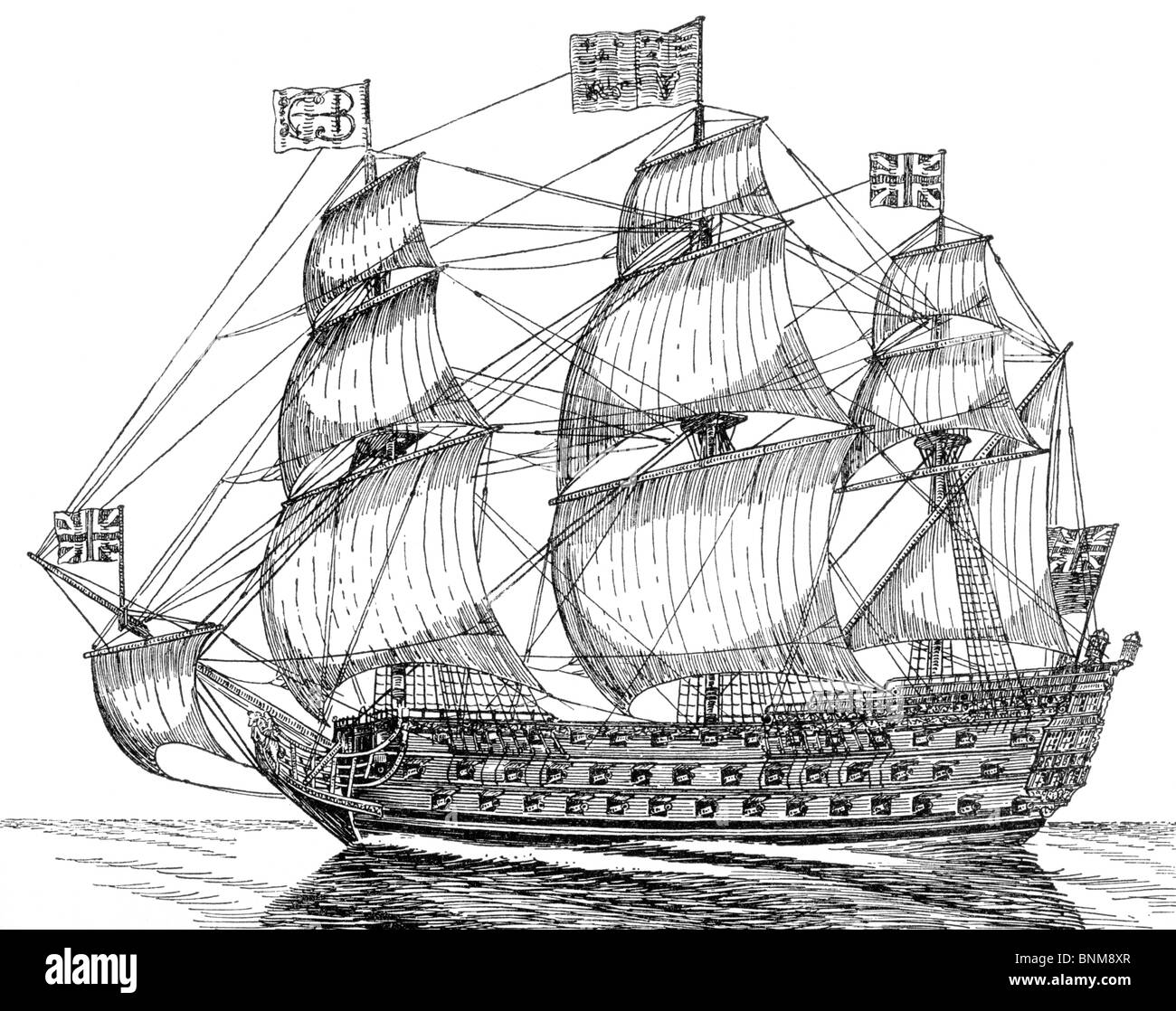 Black and White Illustration of HMS Royal George; 18th Century Naval Ship Stock Photo