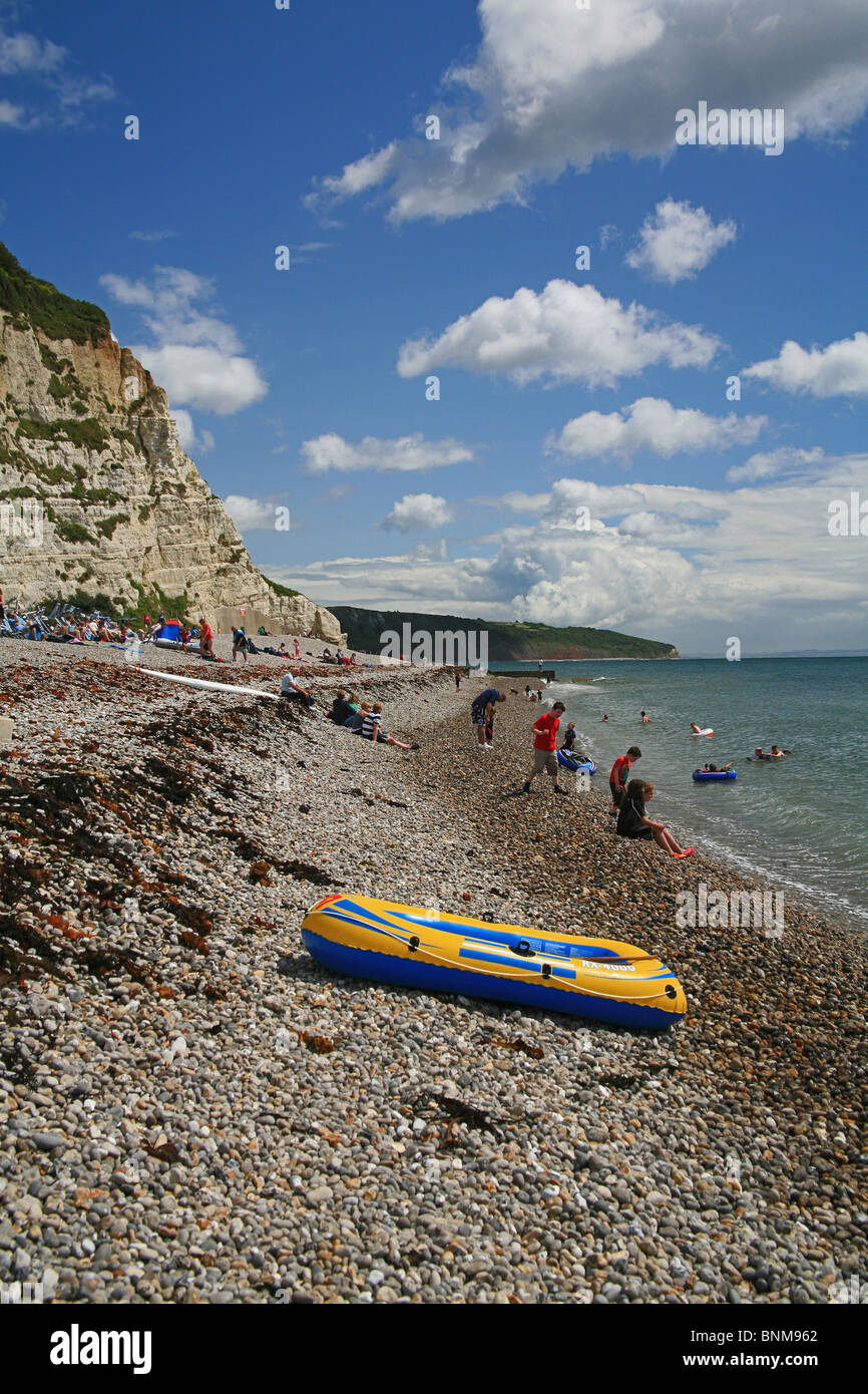 Inflatable boat on he beach at Beer, Devon, England, UK Stock Photo