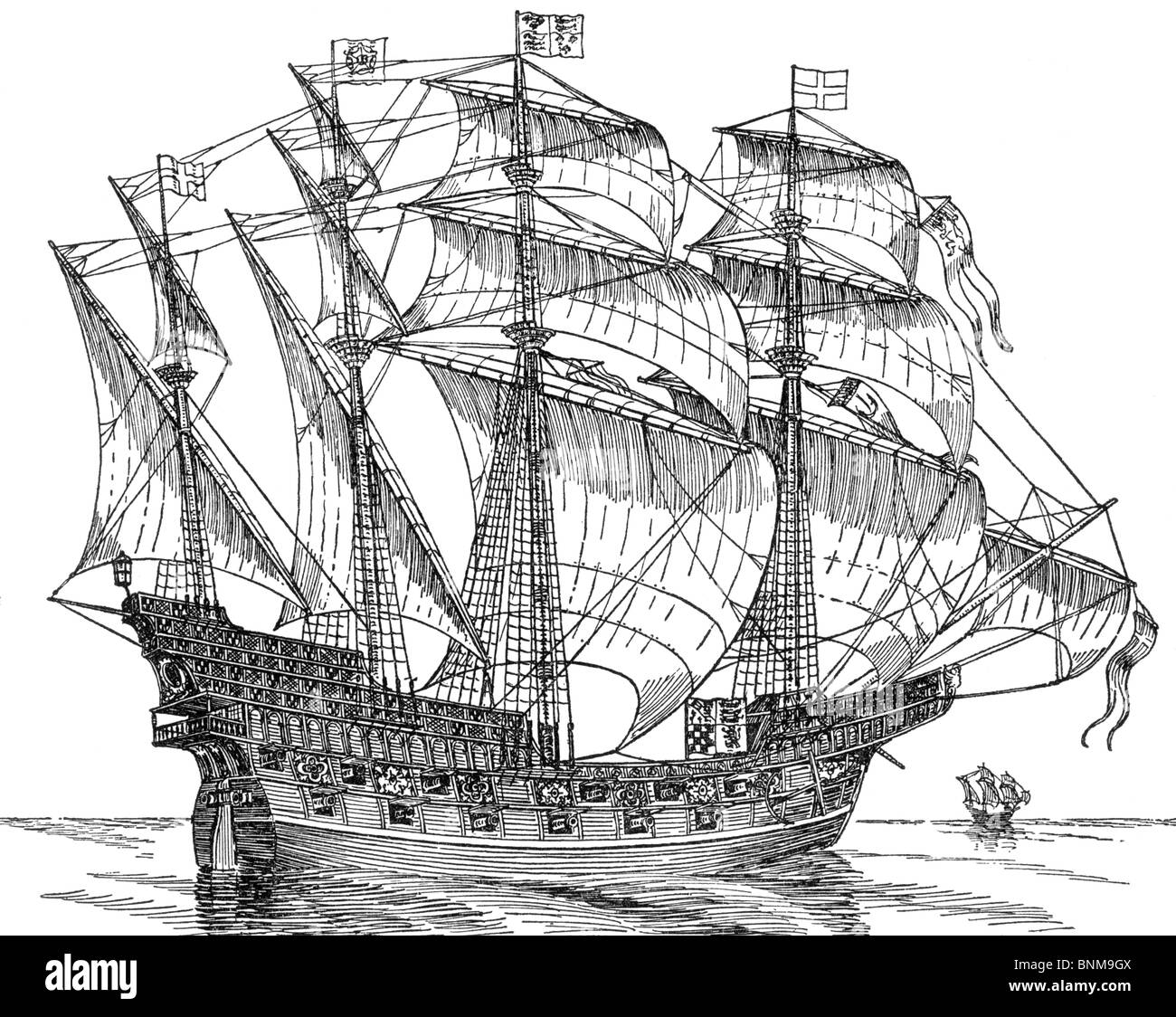 Black and White Illustration of the Elizabethan Galleon HMS Ark Royal, flag ship of the fleet which destroyed the Spanish Armada Stock Photo