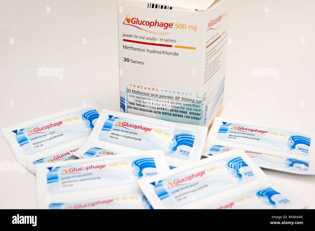 metformin hydrochloride prolonged released sachets for treating diabetes by regulating the level of sugar in the blood Stock Photo