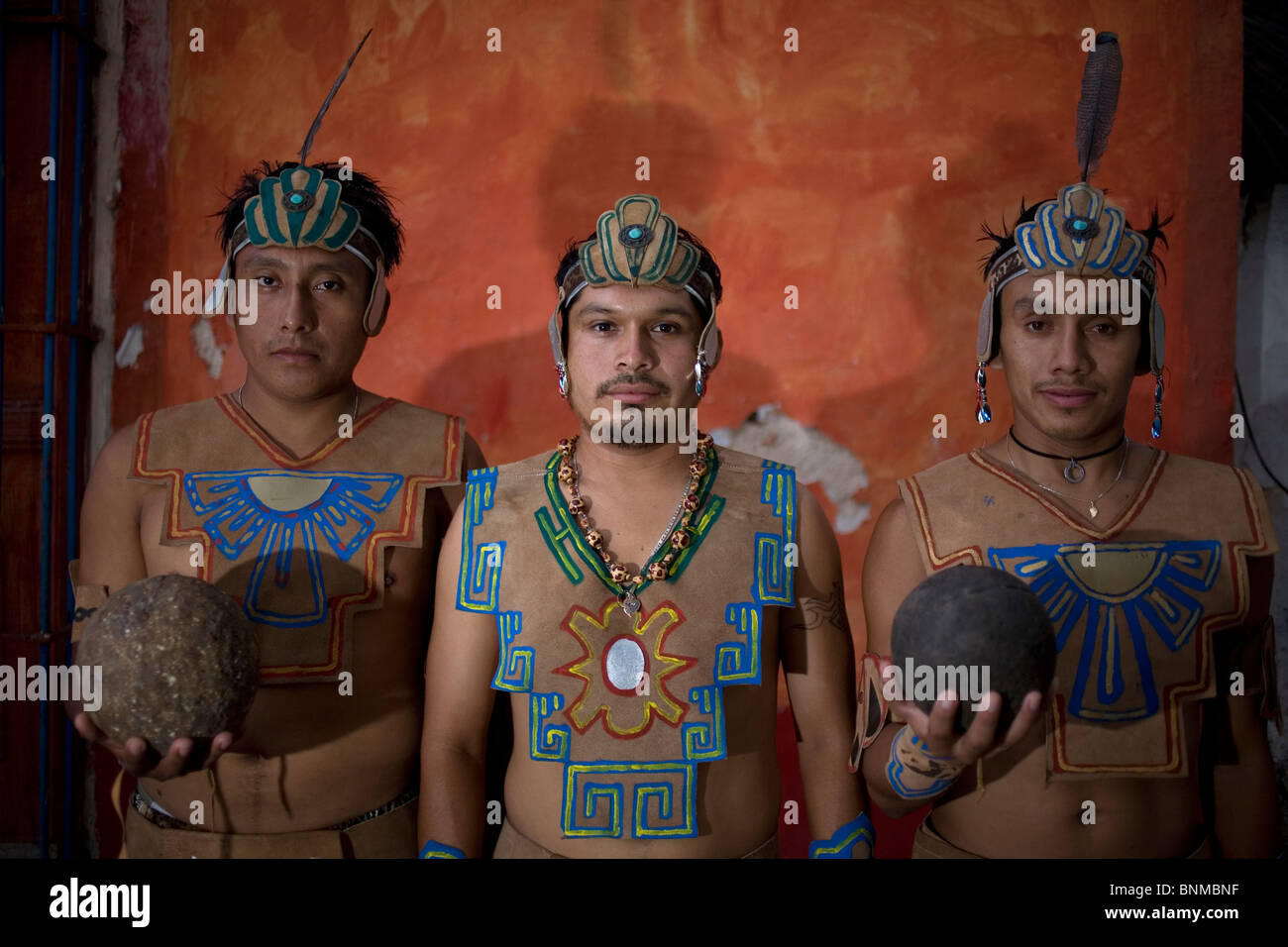 Players pose for a portrait before a match of the Mayan Ball Game