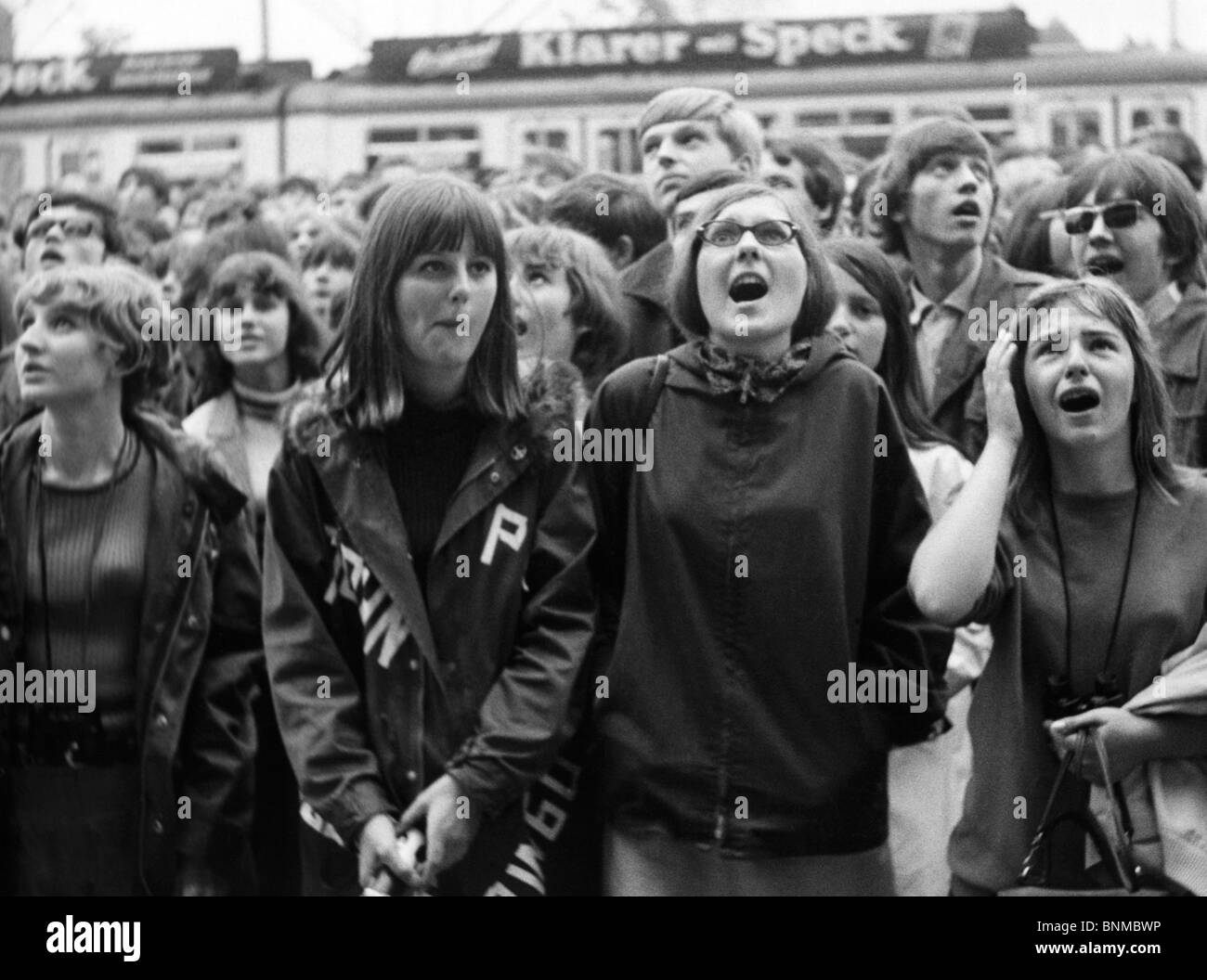 1960th 1966 Sixties follower fans excitement beat concert the Beatles enthusiasm Germany emotions Essen Grugahalle group youth Stock Photo