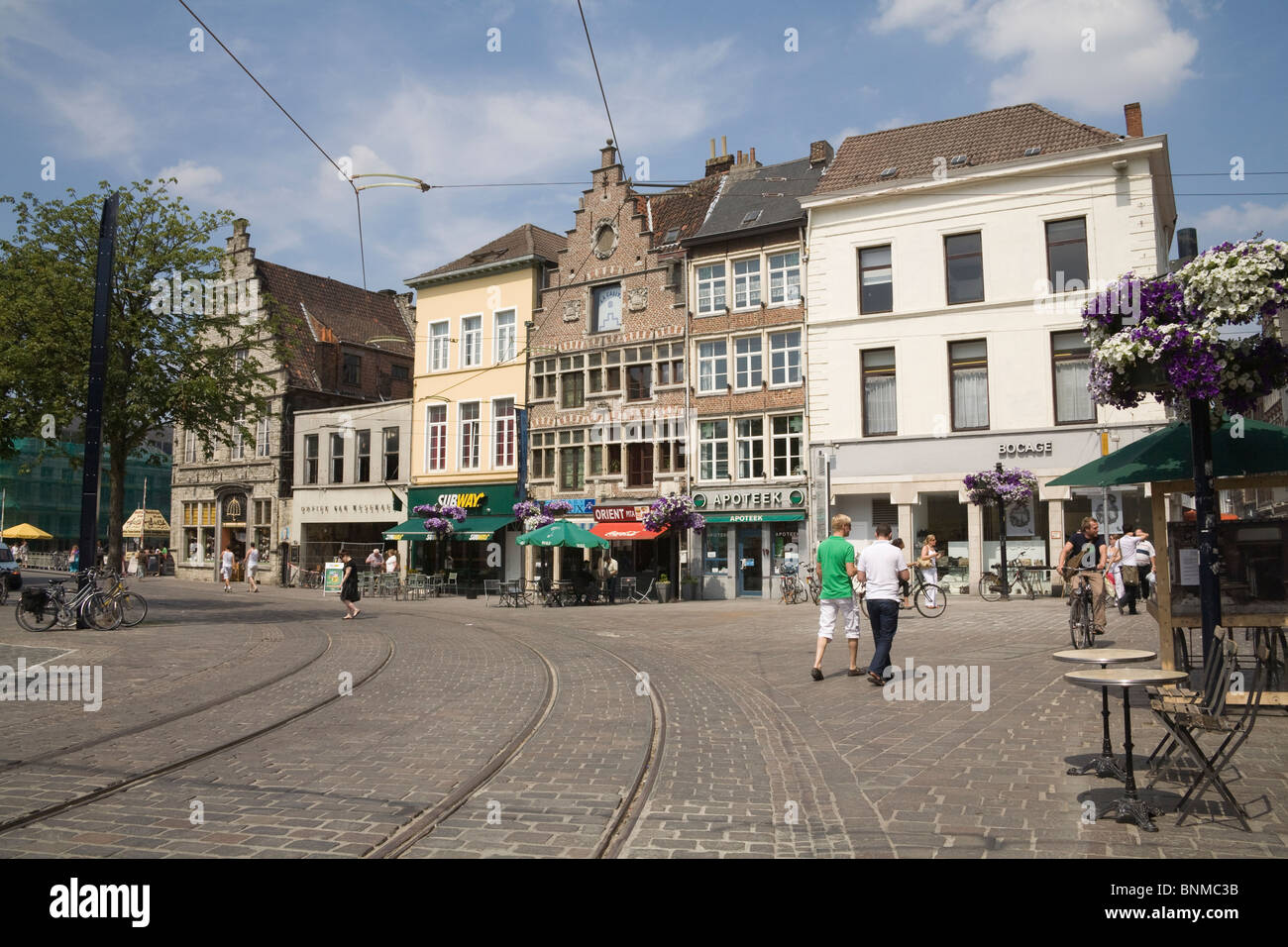 Ghent Belgium EU Tram lines and tracks around Groentenmarkt Stock Photo