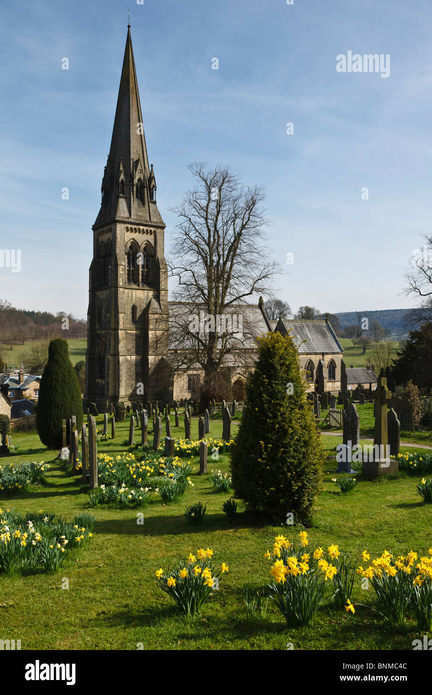 St Peter's Church at Edensor, the estate village at Chatsworth in the Derbyshire Peak District. Stock Photo
