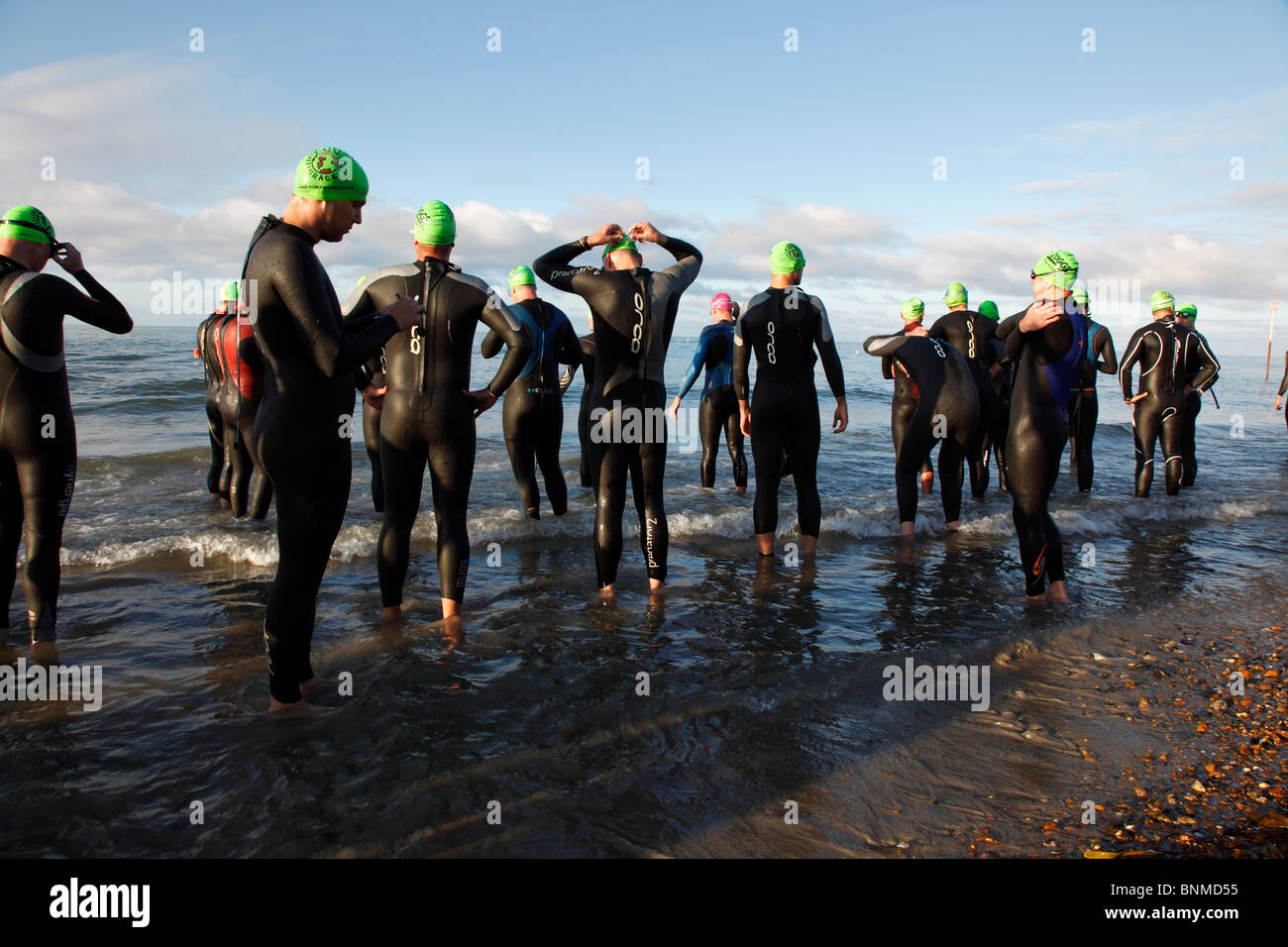 England, West Sussex, Goring-by-Sea, Worthing Triathlon 2009, male competitors at the swim start. Stock Photo