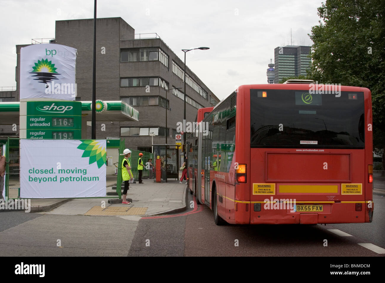 BP Petrol Station closed down by Greenpeace protesters, Central London, UK Stock Photo