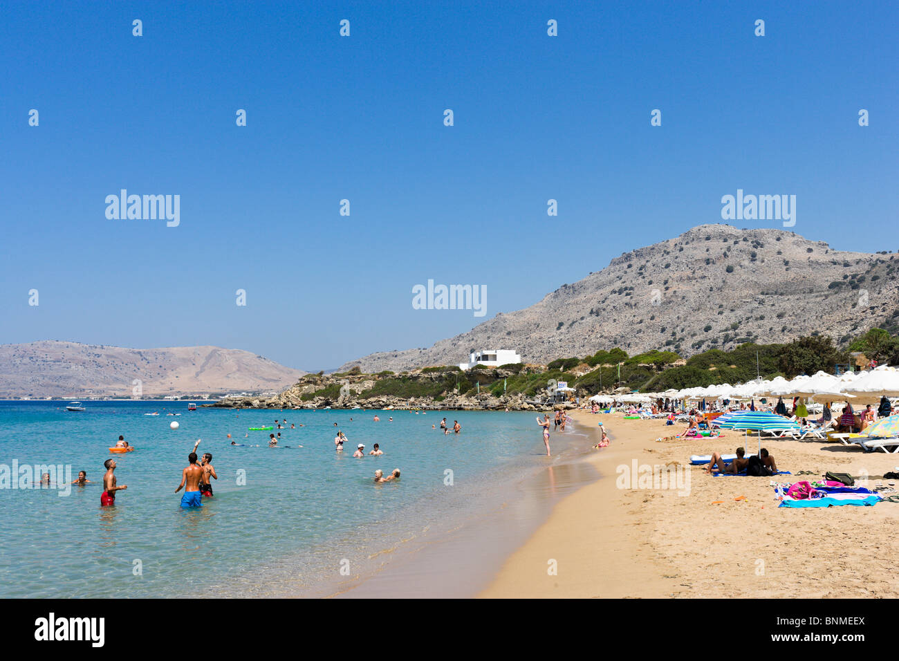 Beach at Pefkos, near Lindos, Lardos Bay, Rhodes, Greece Stock Photo