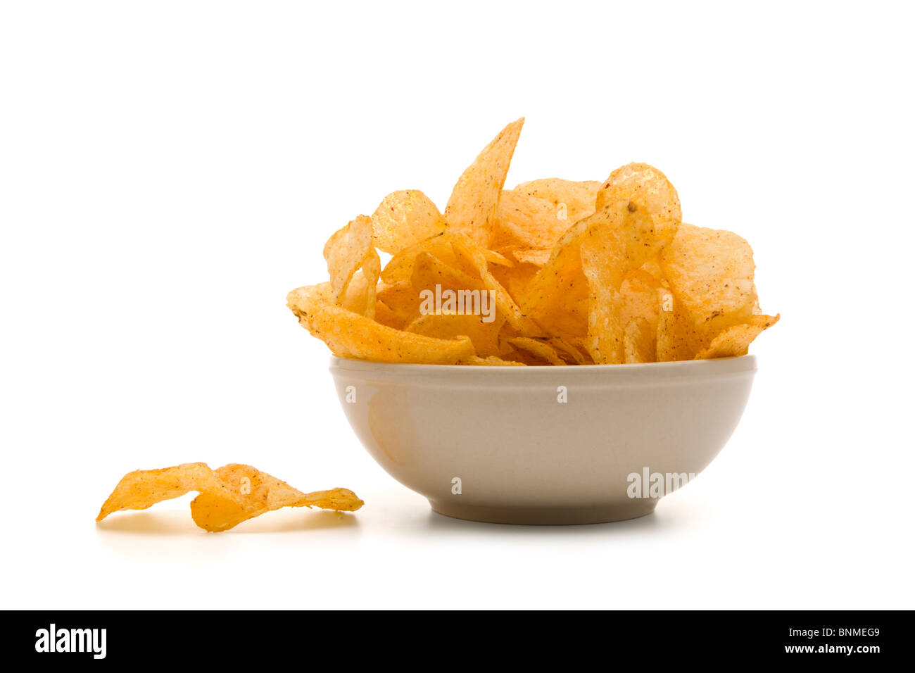 bowl of potato chips isolated on white Stock Photo