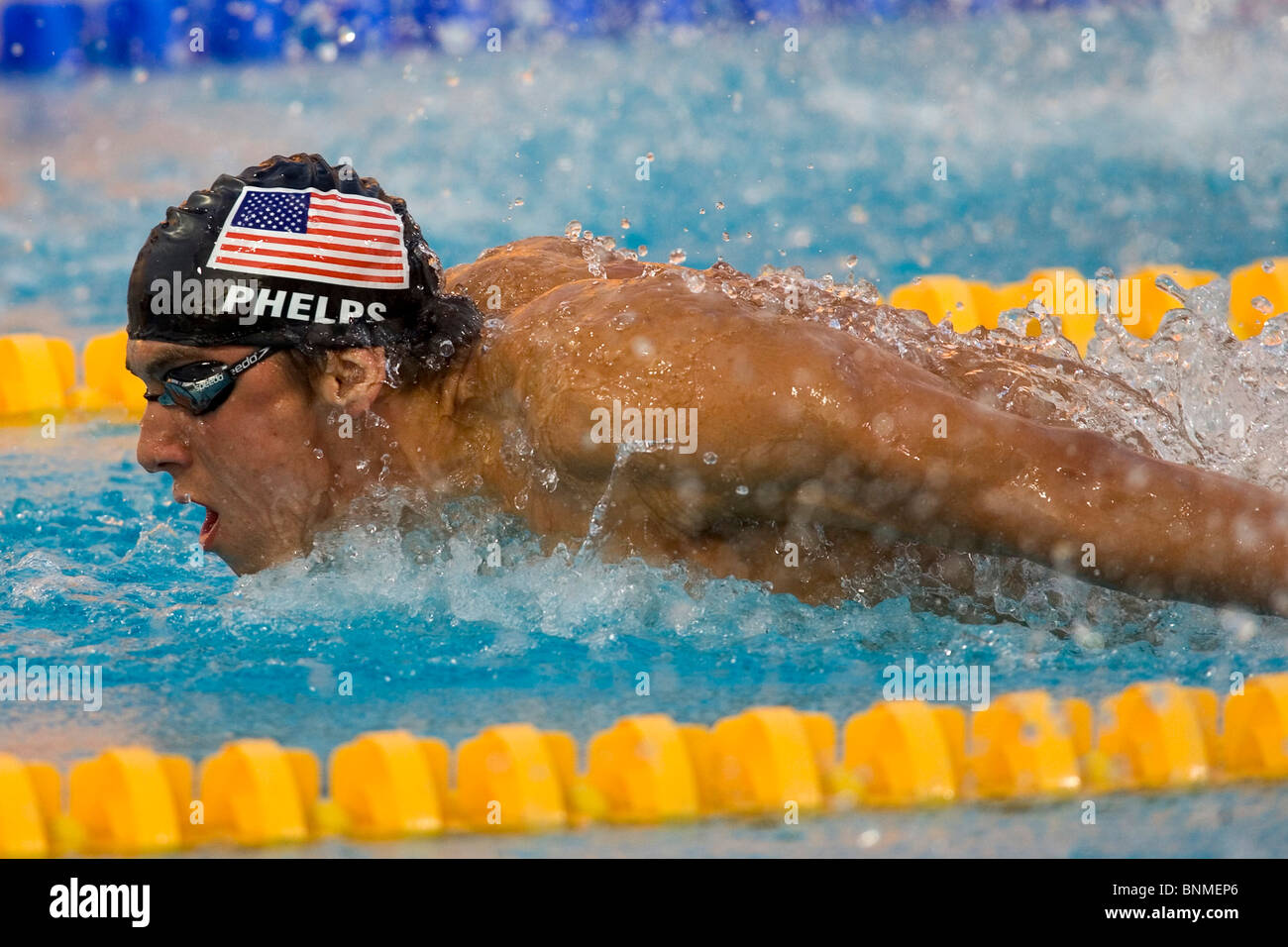 Michael Phelps (USA) competing in the butterfly stroke of the 400m IM at the 2004 Olympic Summer Games, Athens, Greece. Stock Photo