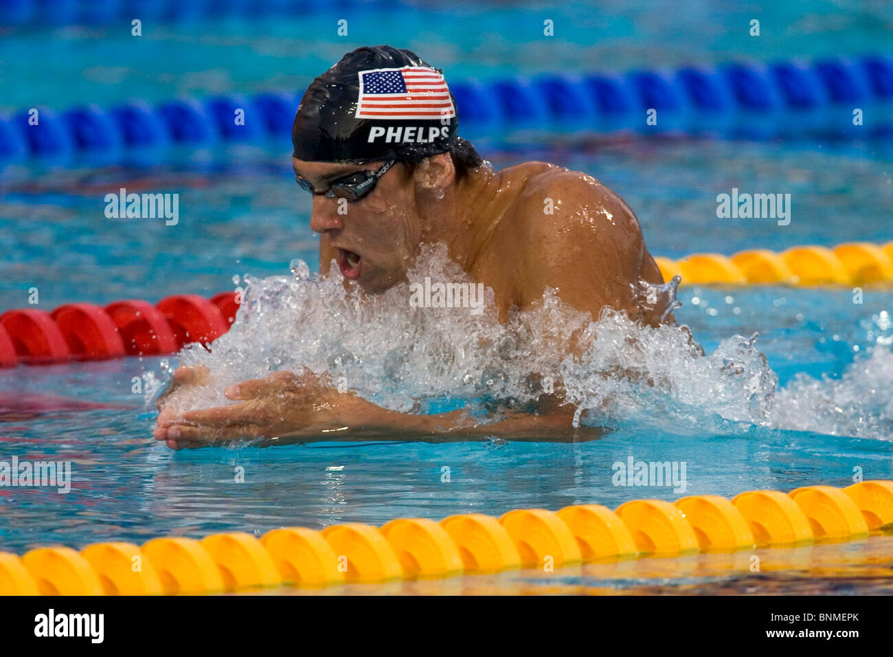 Michael Phelps (USA) in the breaststroke portion of the 400m IM at the 2004 Olympic Summer Games, Athens, Greece. Stock Photo
