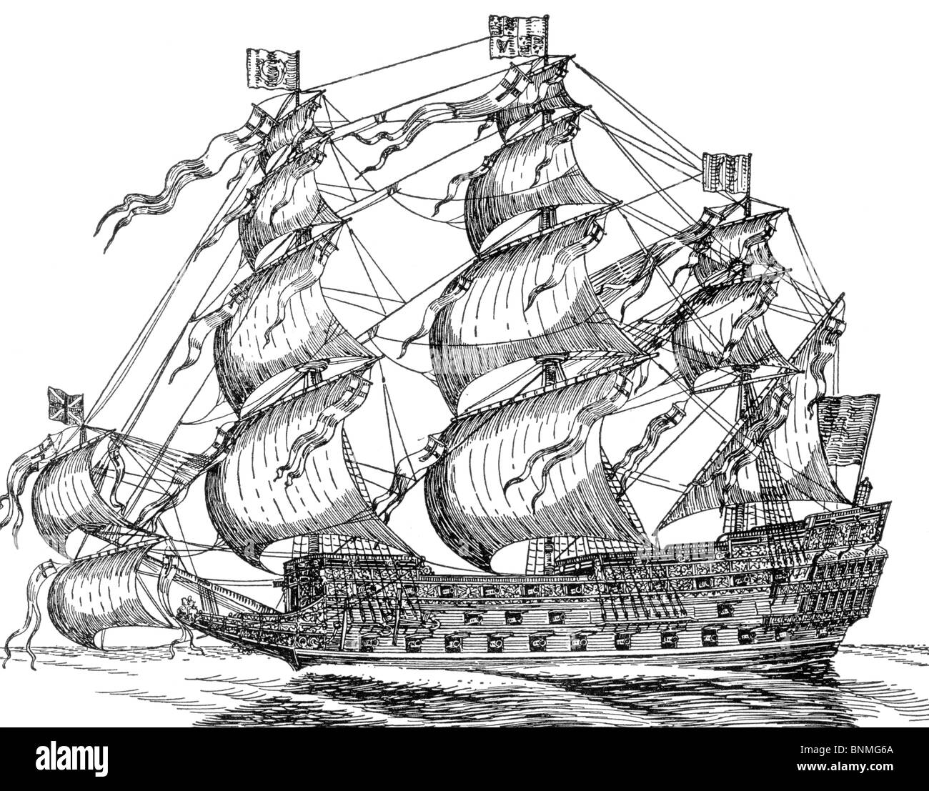 Black and White Illustration of The Sovereign of the Seas, a 17th Century naval vessel and Man o' War Stock Photo
