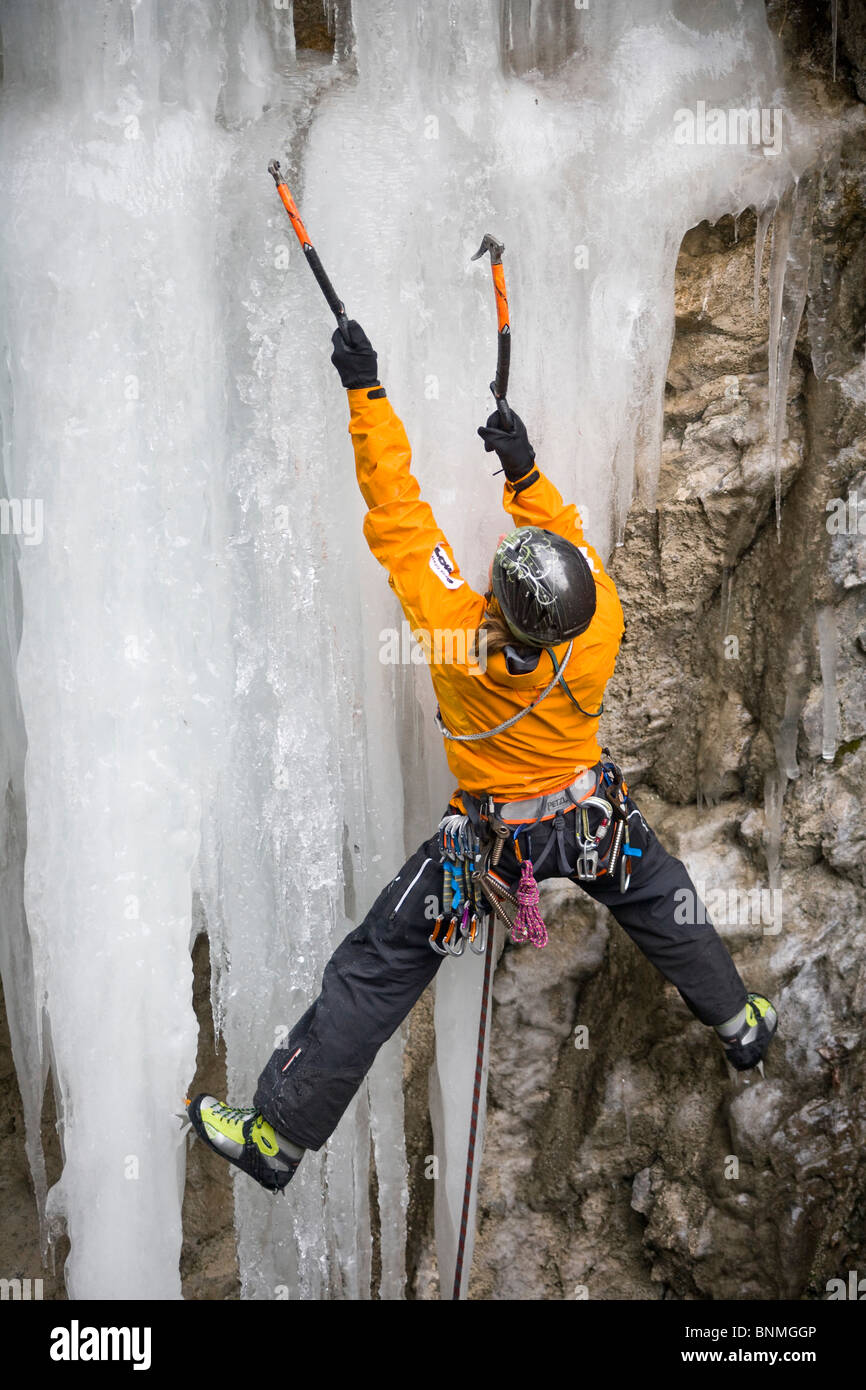 Ice climbing sport pick picks cliff man Sigmund Thun gorge climb sport Alps  climbing technology ice cape run Austria Stock Photo - Alamy