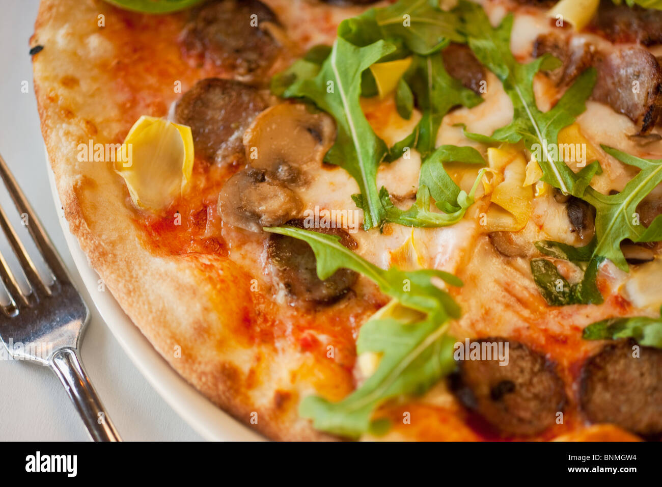 quattro stagioni pizza, with mozzarella cheese, artichokes, mushrooms, sausage and arugula,  Orcutt, California Stock Photo