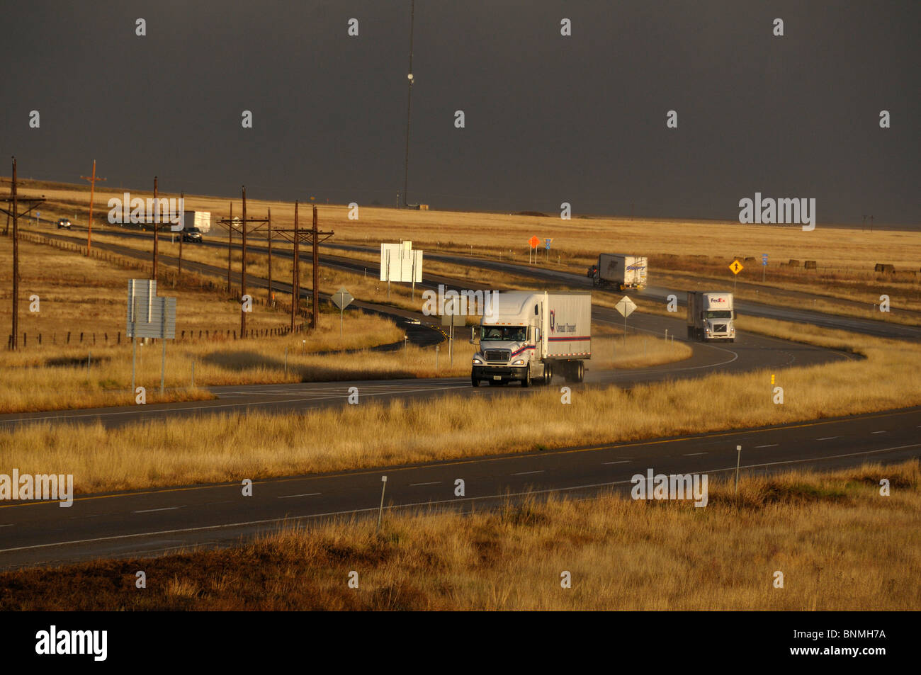 Storm driving trucks Highway I40 near Groom Texas USA highway street