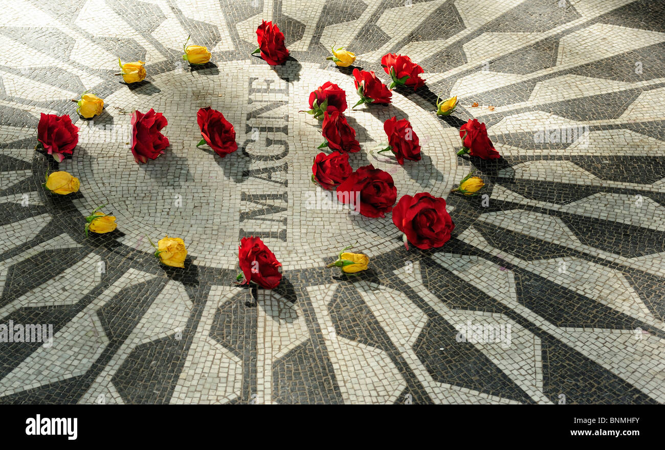 Mosaic flowers roses red roses John Lennon Memorial Strawberry Fields Central Park New York City City Upper East Side Manhattan Stock Photo