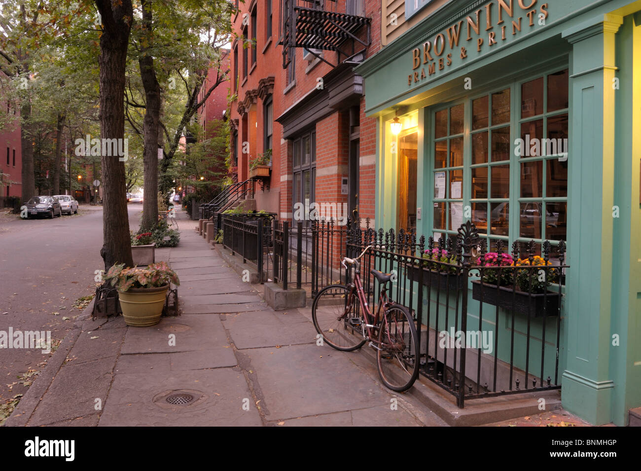 Dusk Cranberry Street windows shops street Brooklyn Heights New York