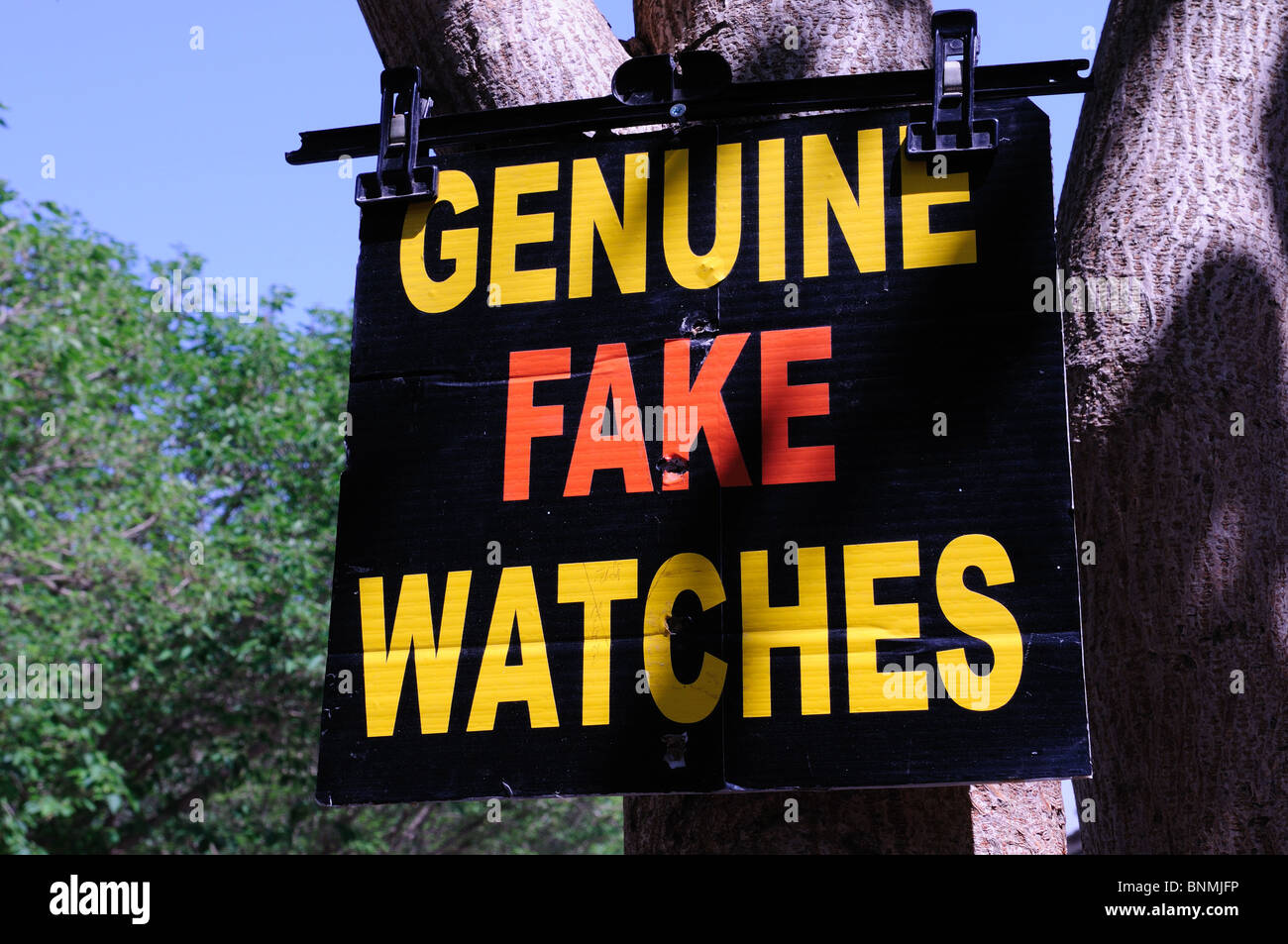 Genuine Fake Watches sign in a Turkish market Turkey Asia Minor Stock