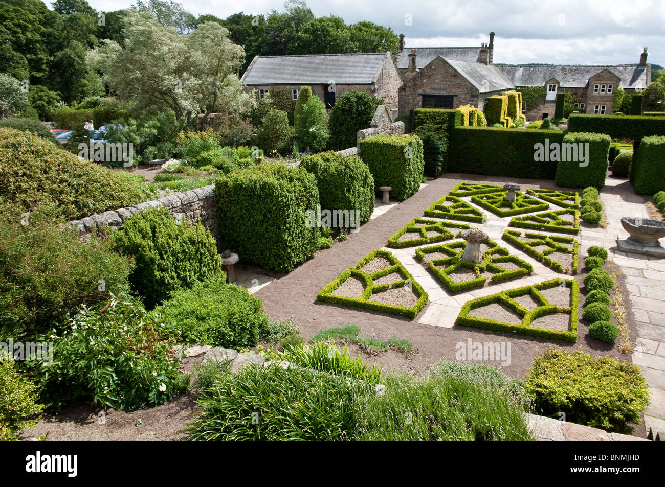 Herterton House Garden, Nr Cambo, Northumberland, UK - Aerial view of The Parterre / Fancy Garden. Stock Photo