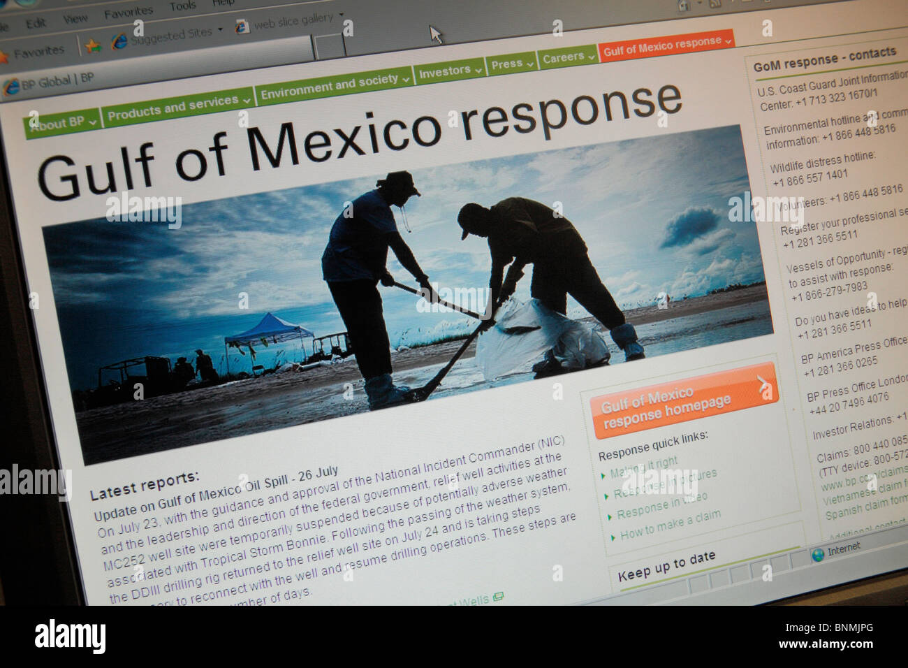 A screen shot of a BP web page for the Gulf of Mexico response after the 2010 Oil Spill in the Gulf of Mexico. July 2010 Stock Photo