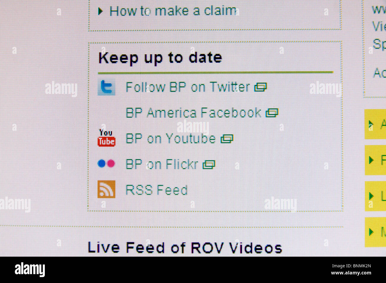 A screen shot of the Twitter, Youtube, Facebook & Flickr box for the BP website for the Gulf of Mexico oil disaster of July 2010 Stock Photo