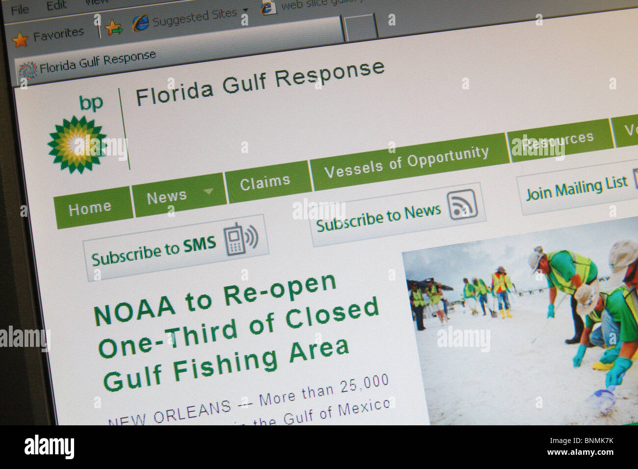 A screen shot of the BP web site for the Florida Gulf Response on the 2010 Oil Spill disaster in the Gulf of Mexico. July 2010 Stock Photo