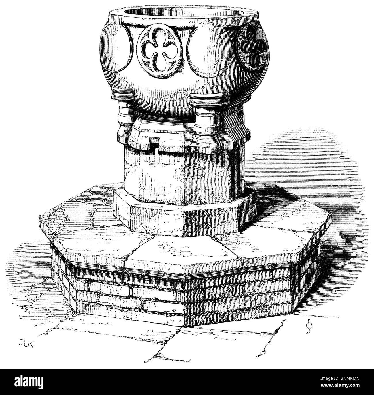 Antique engraving showing the Early English stone baptismal font from King's Cliff church, Northamptonshire, UK Stock Photo