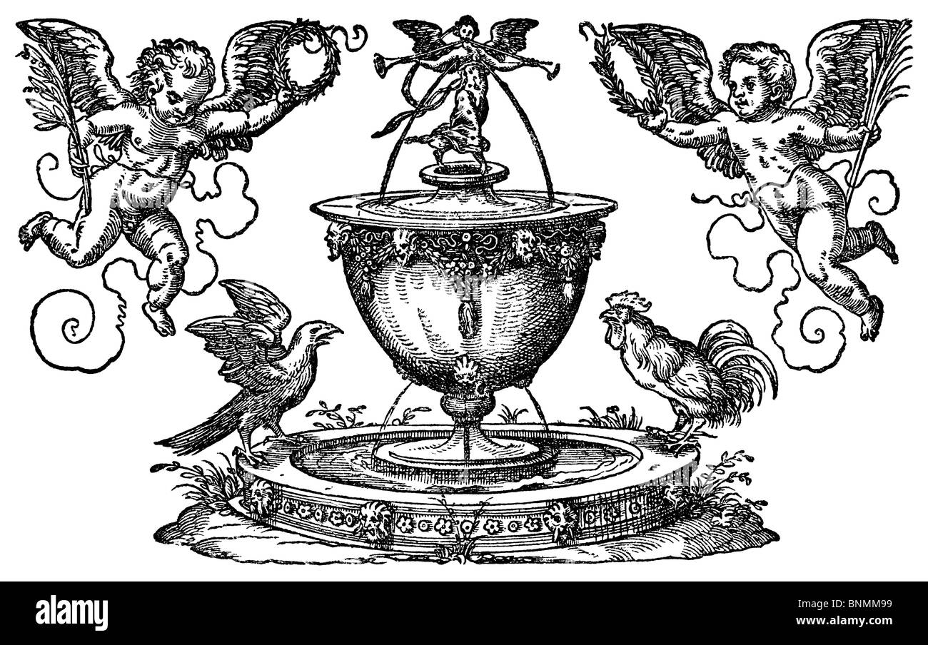 Woodcut 1567Printer s Mark Of Jost Amman An Angel Blows Twin Pipes 