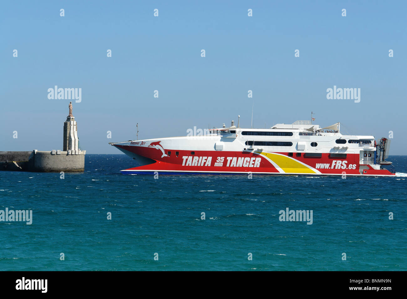 Spain Andalusia Tarifa ferry ferryboat Tangier - Tarifa port entrance vehicles vessels ships technology technics sea water Stock Photo
