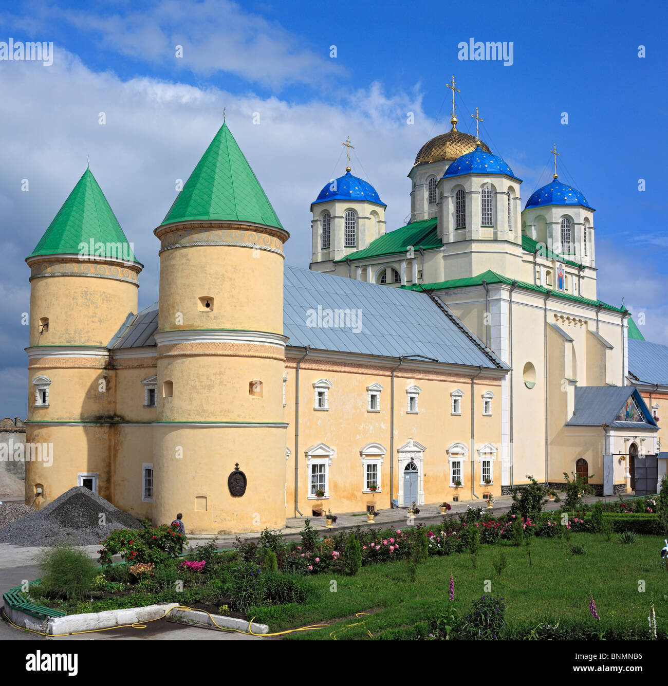 Ukraine Ukrainian Europe European East Europe Architecture building St. Trinity monastery Mezhirich Sumy oblast Blue sky Summer Stock Photo