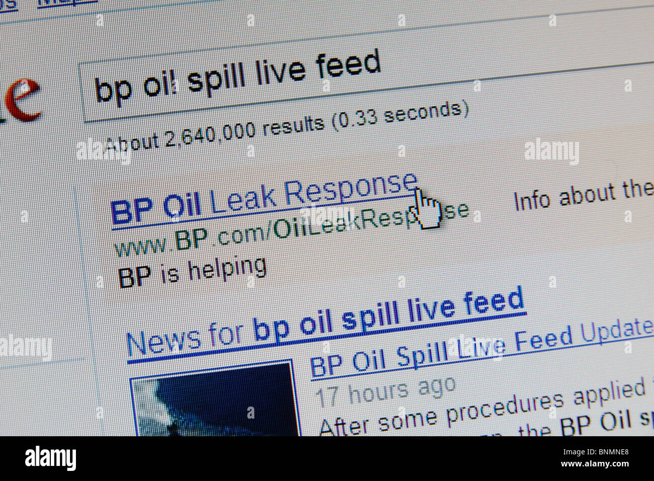 A screen shot showing a sponsored Google ad purchased by BP following the oil spill in the Gulf of Mexico. July 2010 Stock Photo