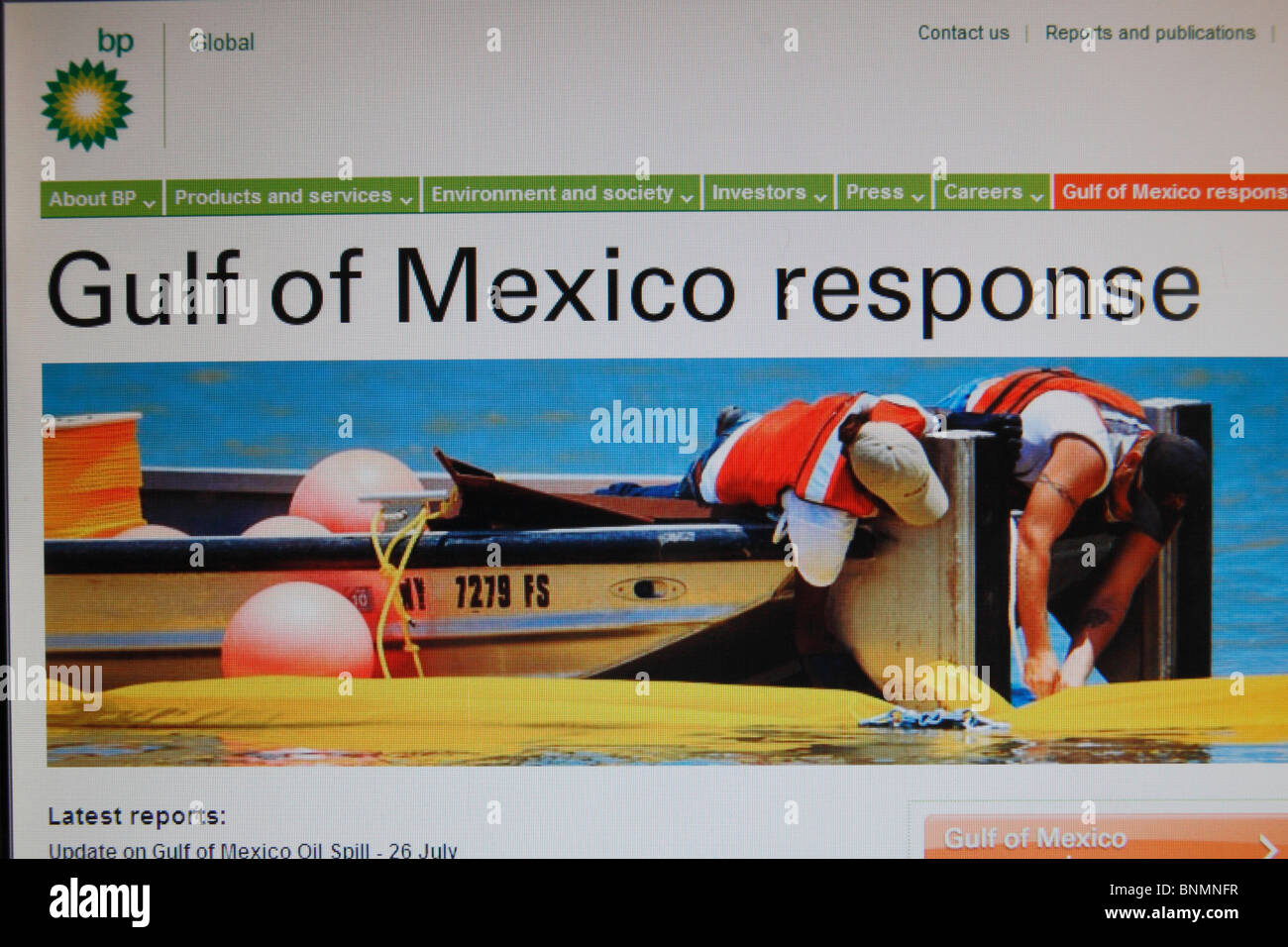 A screen shot of a BP web page for the Gulf of Mexico response after the 2010 Oil Spill in the Gulf of Mexico. July 2010 Stock Photo