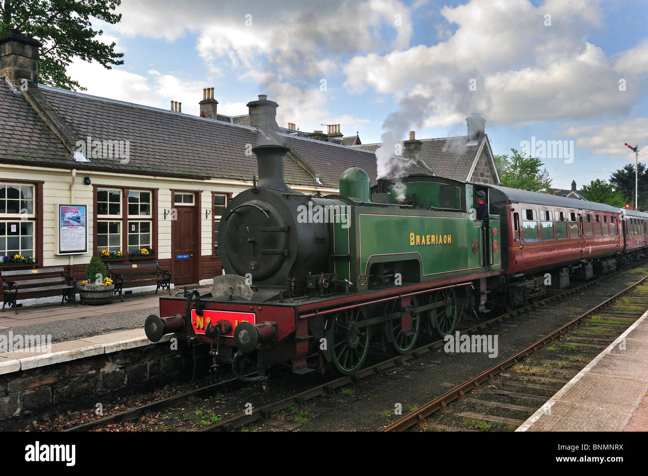 Steam engine / locomotive at the Boat of Garten railway station, Scotland, UK Stock Photo
