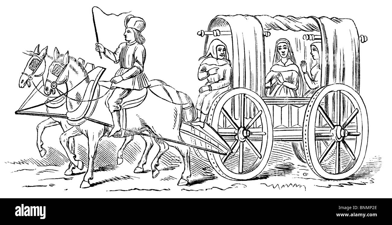 Woodcut: Carriage of the Fifteenth Century (15th century source) Stock Photo