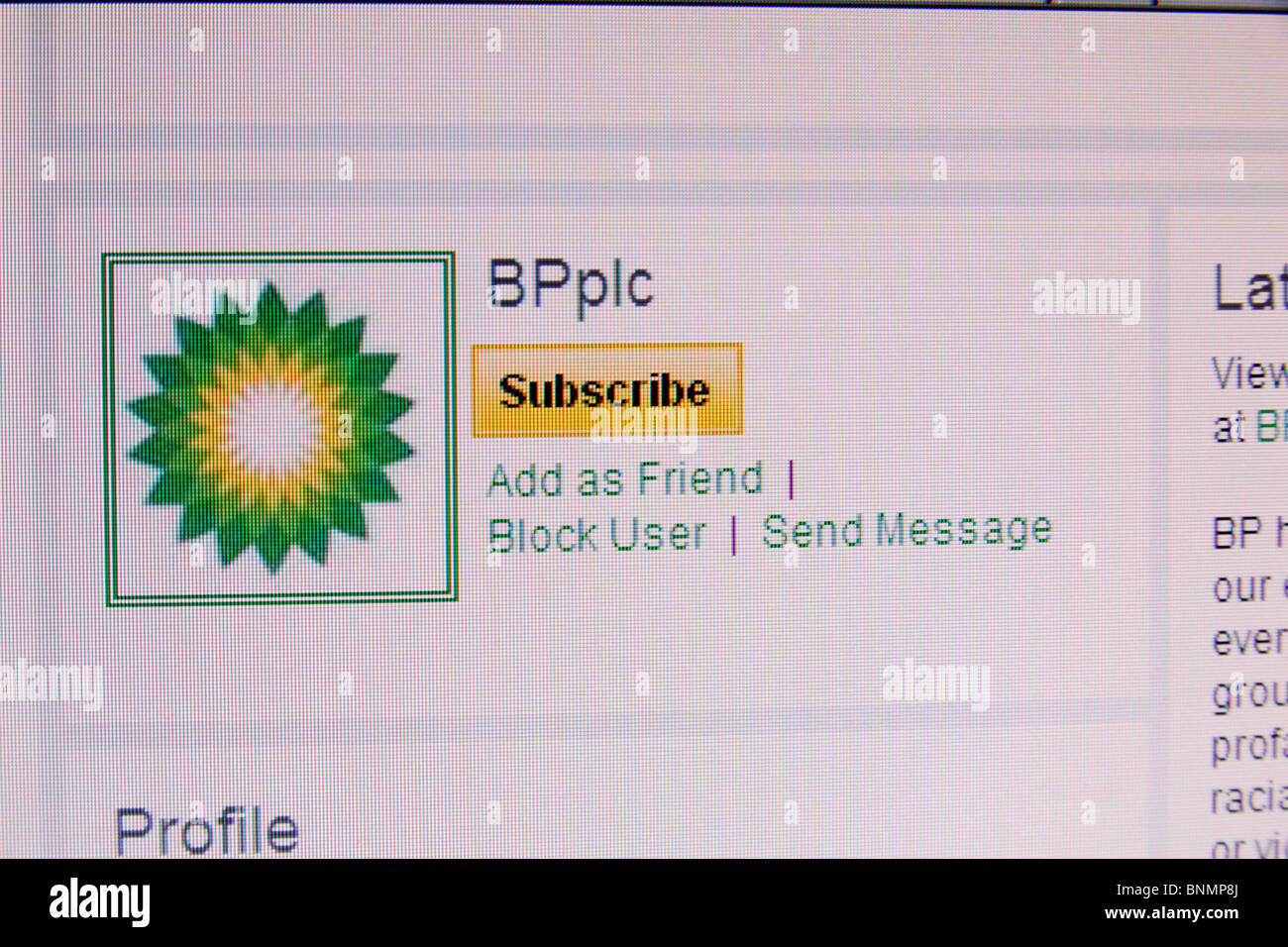 Be my friend? A screen shot of the 'Subscribe' button BP YouTube channel for the 2010 Oil Spill disaster in the Gulf of Mexico. Stock Photo