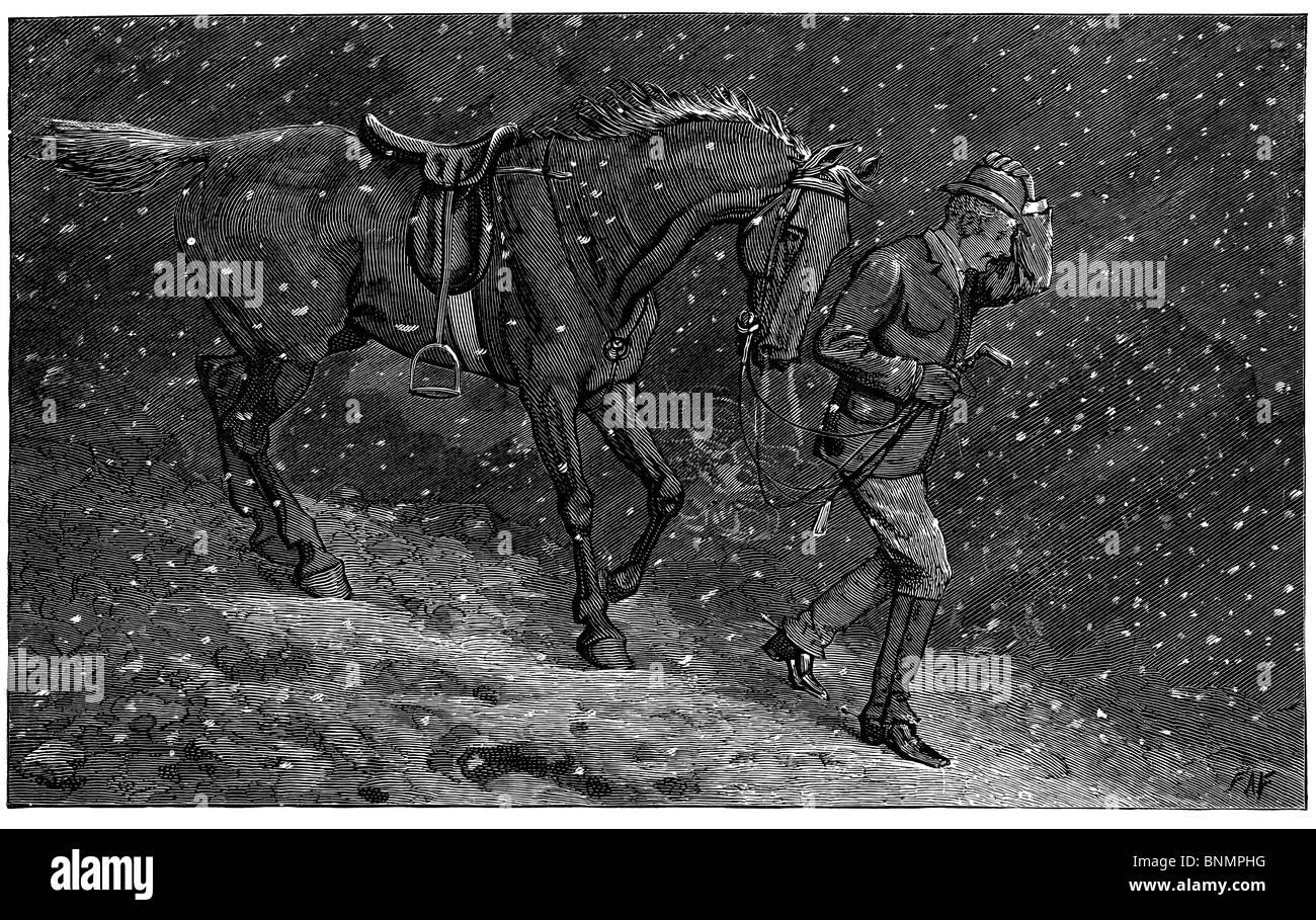 Wood Engraving: Going Home to Love in a Cottage, from Fun Magazine; a man leads a horse through the snow. Stock Photo