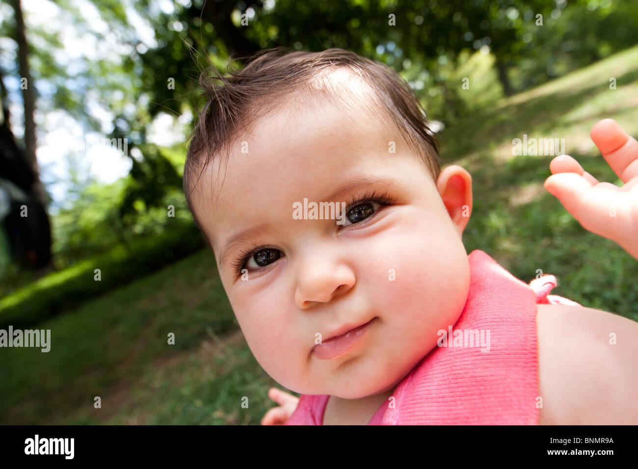 Caricature cute funny distorted baby face with big chubby cheeks of a Caucasian Hispanic infant girl with glossy eyes in a park. Stock Photo