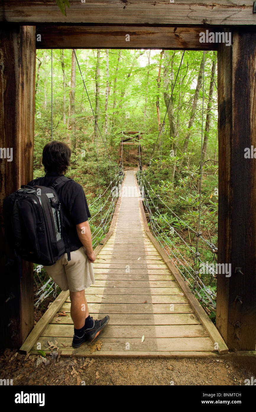 Hiker on Suspension Bridge Andy Cove Trail Pisgah National Forest