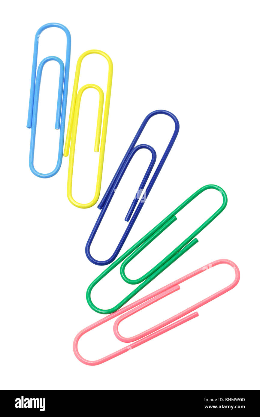 Five multicolor paper clips on white background Stock Photo