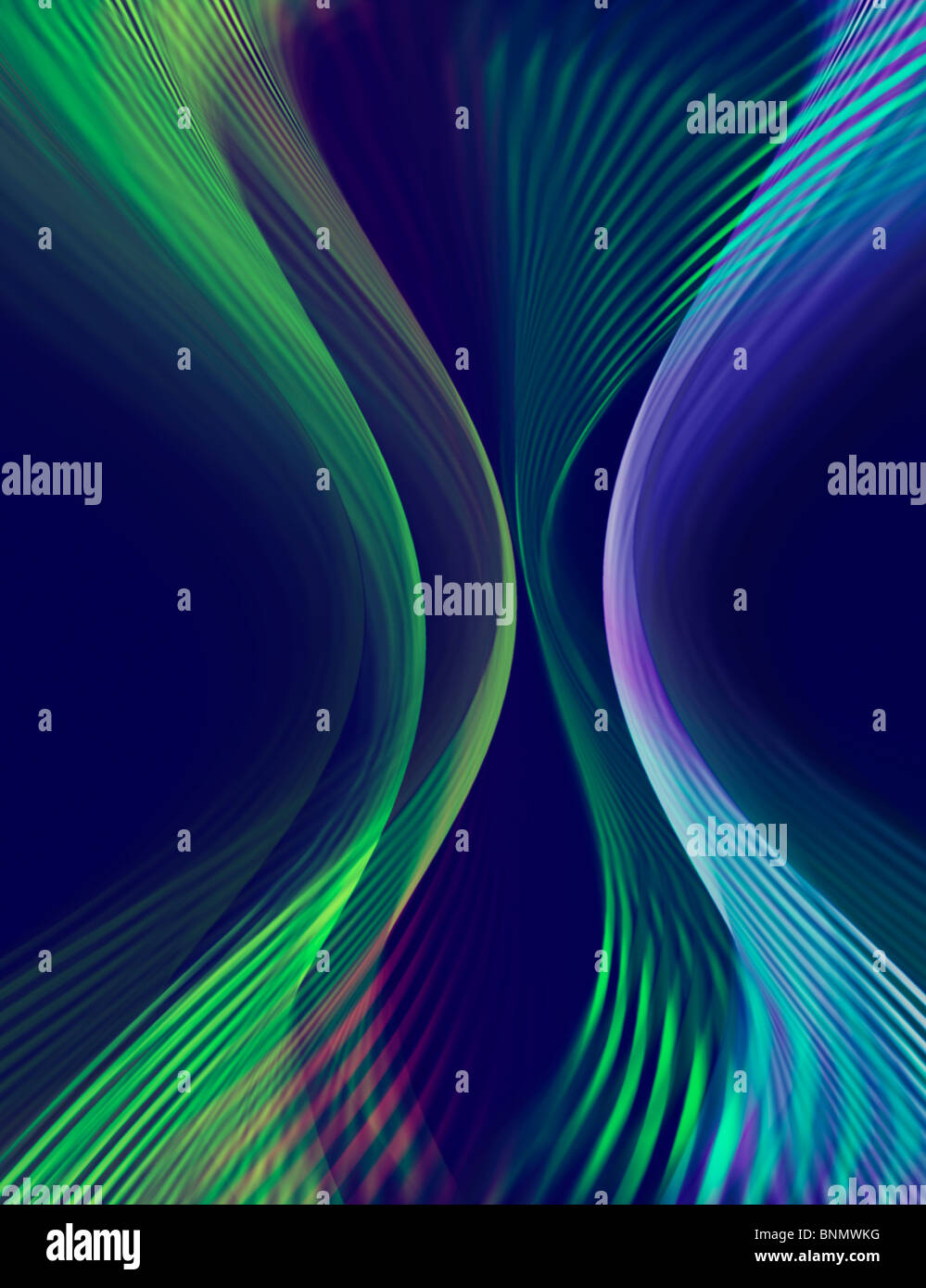 Abstract bands of multicolor bright lines flowing on dark blue background Stock Photo