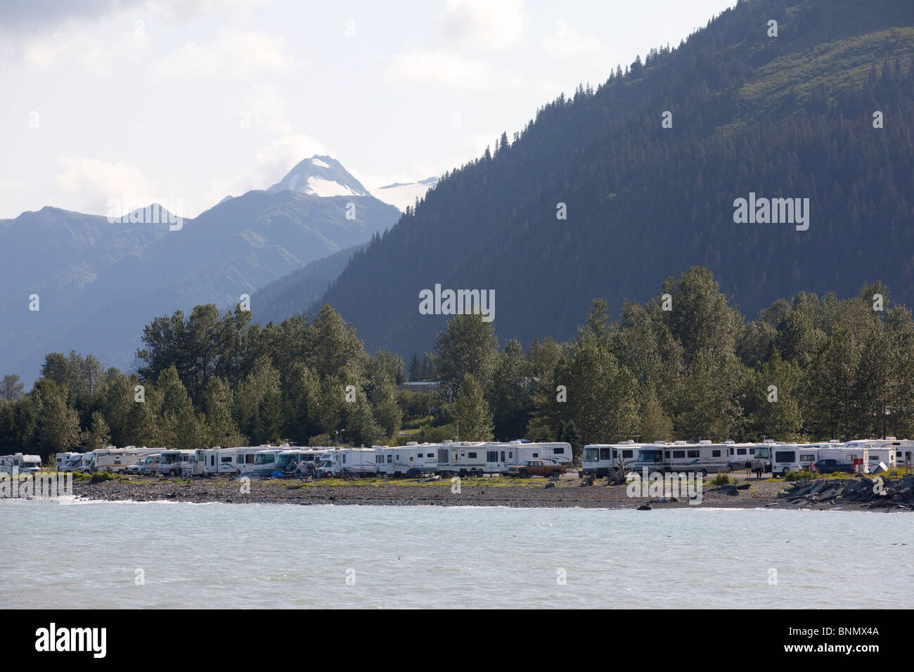 Motorhomes camped along Resurrection Bay in Seward, Alaska, Kenai Peninsula, Alaska Stock Photo
