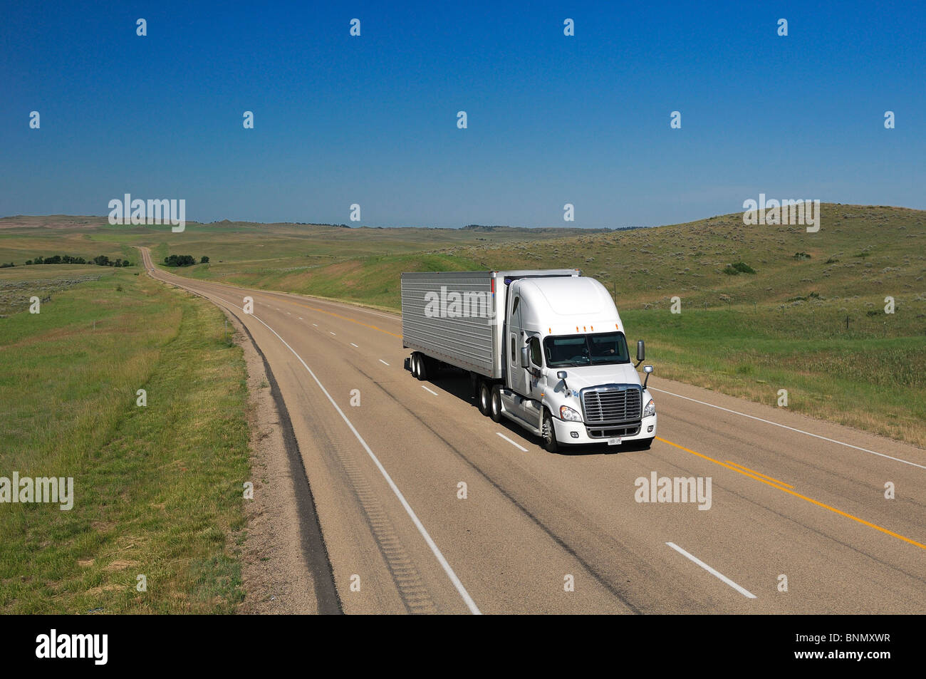 Truck Highway 212 Crow Agency Crow Indian Reservation Montana USA fields Stock Photo