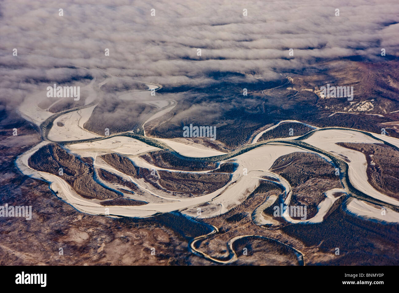 Aerial  view of the Nenana River, Winter, Alaska Stock Photo