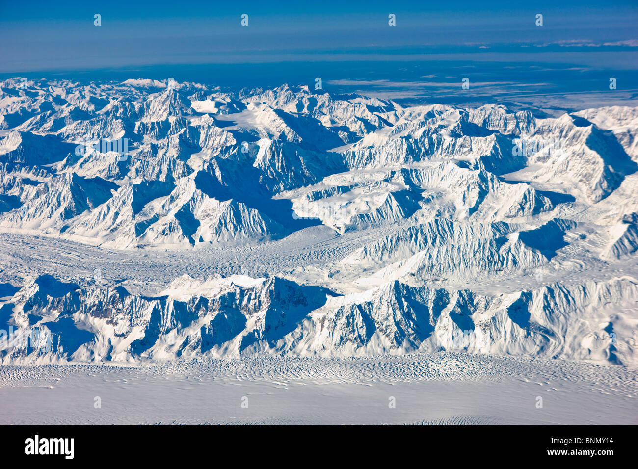 Aerial view of the Alaska Range as seen from the South during Winter, Alaska Stock Photo