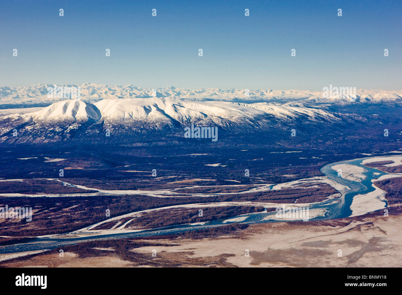 Aerial view of Mount Susitna and the Susitna river as seen from the