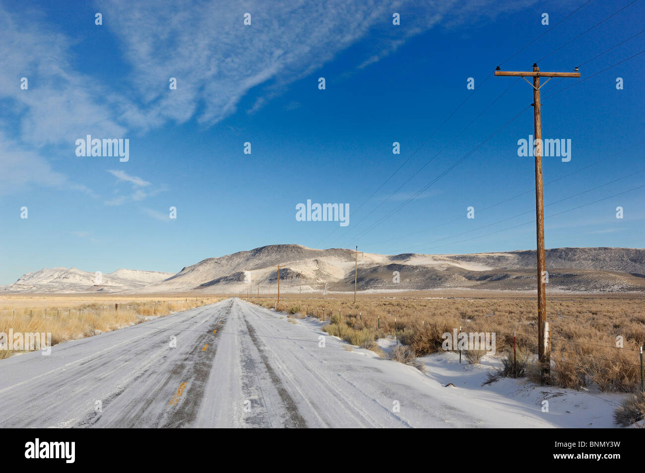 Snow covered Highway 31 Paisley Oregon USA road Stock Photo Alamy