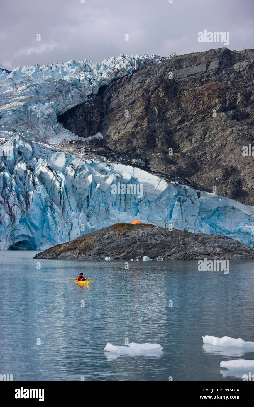 Scenic view of Shoup Glacier and camp tent set on a island, Shoup Bay State Marine Park, Prince William Sound, Alaska Stock Photo