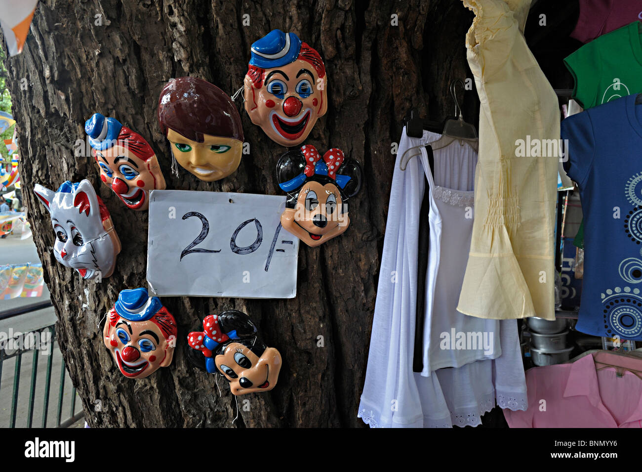 Masks for sale in a street market in Kandy, Sri Lanka during a budh purnima festival. Stock Photo