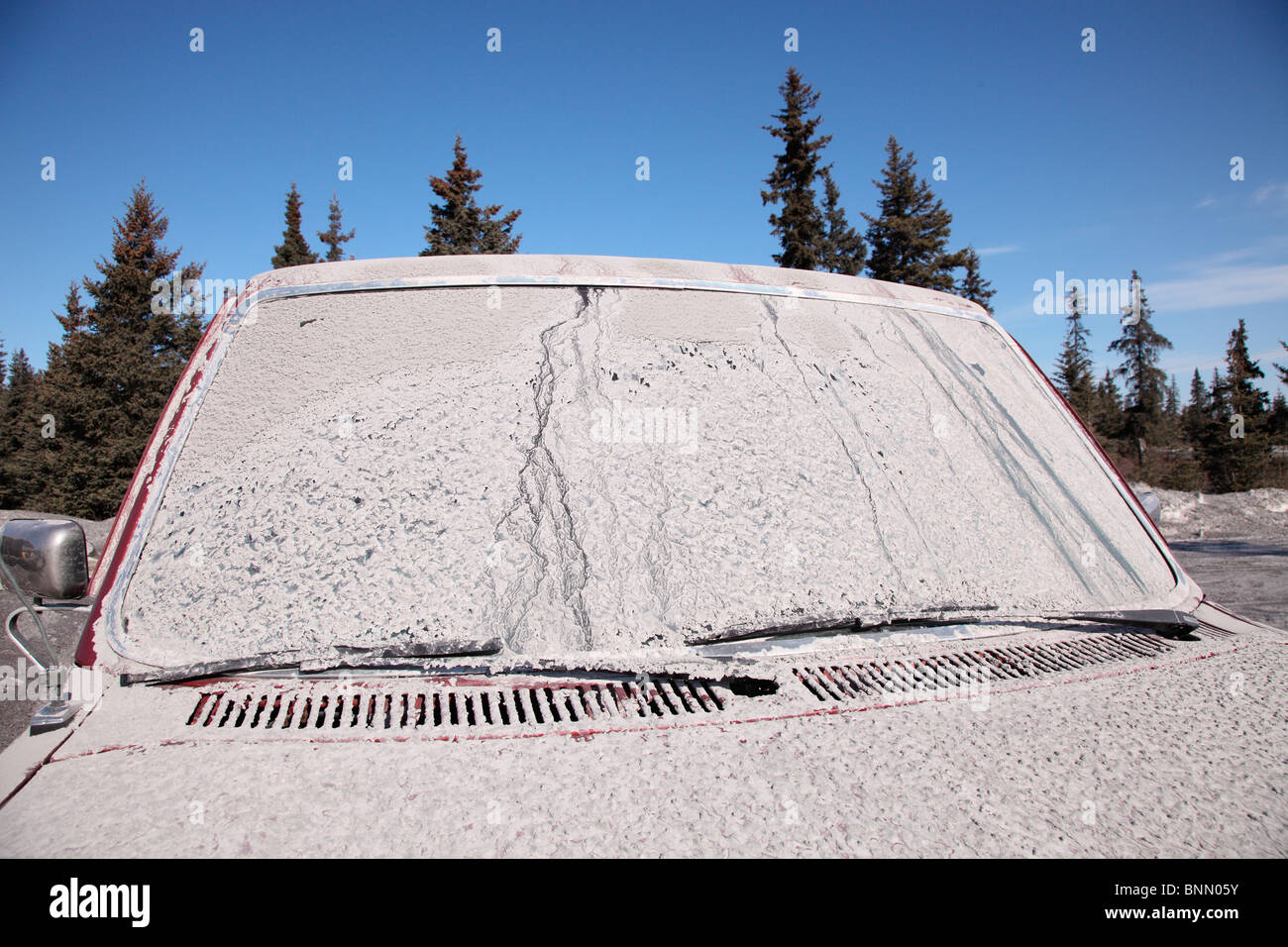 Ash from Mt. Redoubt covering a vehicle in Alaska Stock Photo Alamy