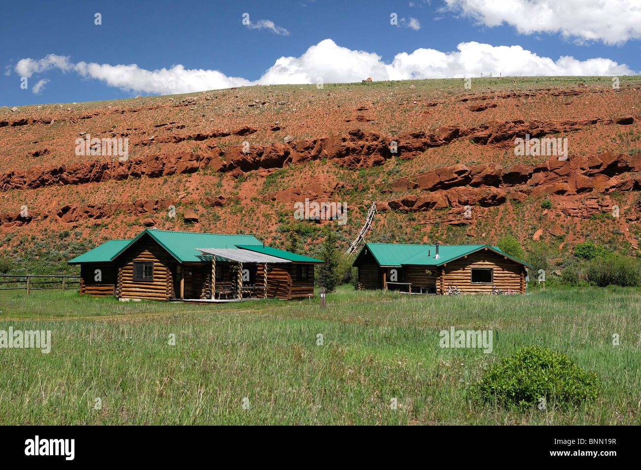 Log Cabin accommodations Red Rock Ranch Guest Ranch Kelly Wyoming USA Stock Photo
