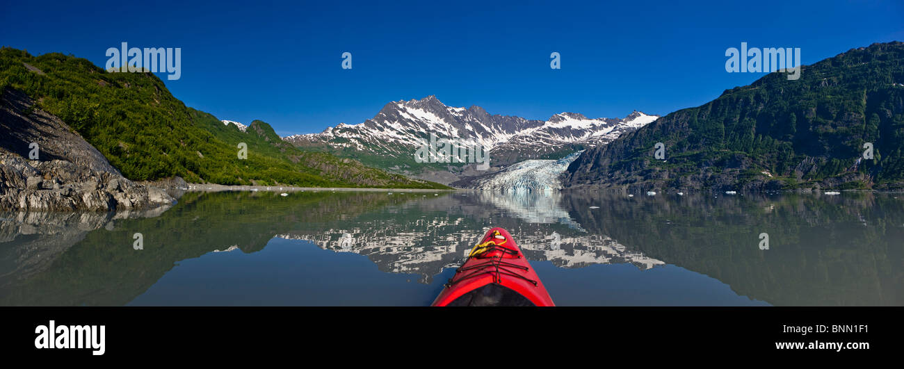 Kayaker perspective of kayaking in Shoup Bay on a sunny day with Shoup Glacier, Prince William Sound, Alaska Stock Photo
